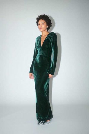 Green Women Gina Tricot Ruched Velvet Maxi Dress | 46APHYRXB