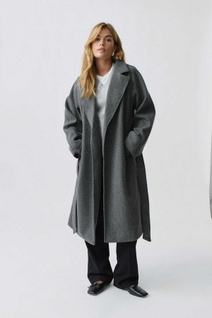 Grey Women Gina Tricot Belted Long Coat | 07FZKMUIQ