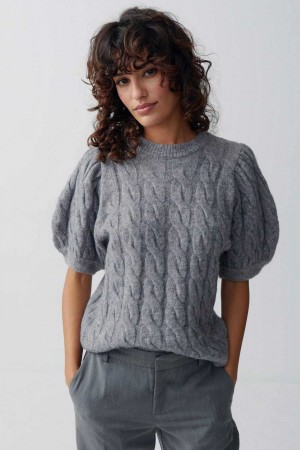 Grey Women Gina Tricot Knitted Cable Sweaters | 08RTOCBXU