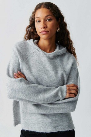 Grey Women Gina Tricot Knitted Hoodie | 83OVIJRPZ