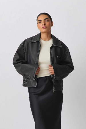 Grey Women Gina Tricot Pu Bomber Jacket | 81FDBJCQM