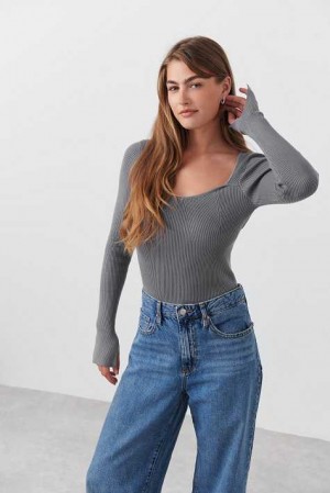 Grey Women Gina Tricot Rib Knitted Sweaters | 86RXSJUNW