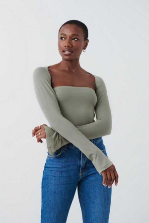 Grey Women Gina Tricot Soft Touch Square Neck Tops | 62WVHTXLE