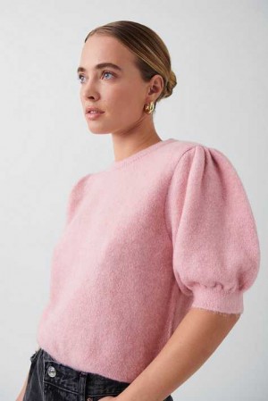 Pink Women Gina Tricot Knitted Puff Sleeve Sweaters | 24LEHFYRK