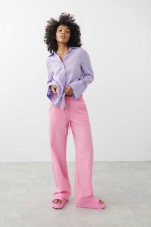 Pink Women Gina Tricot Linen Blend Trousers | 70RYSXPZN