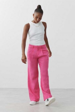 Pink Women Gina Tricot Linen Trousers | 46OQUZPMB