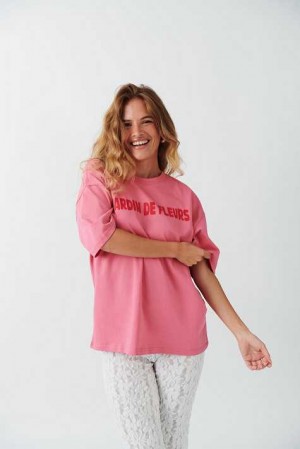 Pink Women Gina Tricot Oversized Print T Shirts | 64LXUHDWN