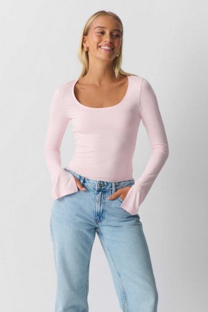 Pink Women Gina Tricot Soft Touch Jersey Tops | 52HRTNWIL