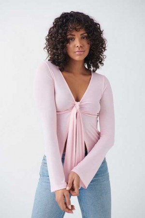 Pink Women Gina Tricot Tie Front Long Sleeve Top | 53MRDHEYA