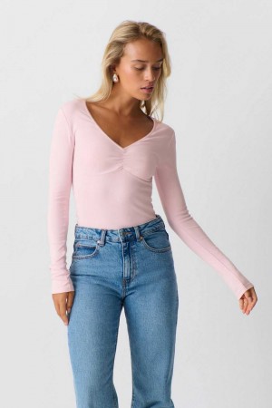 Pink Women Gina Tricot V-neck Top | 91NABFWIL