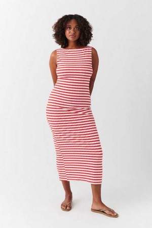 Red Women Gina Tricot Boatneck Rib Dress | 82ULOEXJB