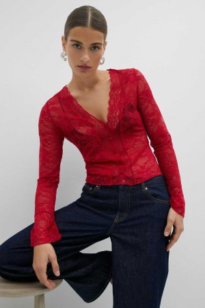 Red Women Gina Tricot Lace Top | 23FUAIHWN