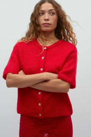 Red Women Gina Tricot Short Sleeve Knitted Cardigan | 62JFTUNGP