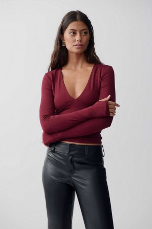 Red Women Gina Tricot Soft Touch V-neck Top | 45TYAWUMJ