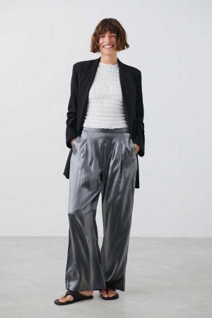 Silver Women Gina Tricot Fluid Metallic Trousers | 82HANRZBI