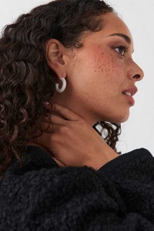 Silver Women Gina Tricot Pave Hoops Earrings | 67ZROUTAQ