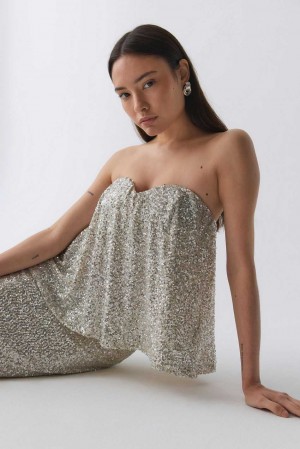 Silver Women Gina Tricot Strapless Sequin Top | 92HRYBKUT