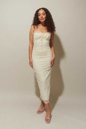 White Women Gina Tricot Embroidered Midi Dress | 38HQVRXDC