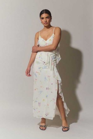 White Women Gina Tricot Frill Chiffon Maxi Dress | 14YNZMFHQ