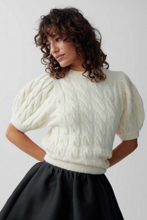 White Women Gina Tricot Knitted Cable Sweaters | 23WZOIAKF