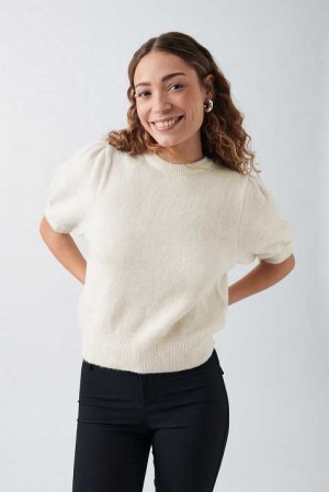 White Women Gina Tricot Knitted Puff Sleeve Sweaters | 34TYBXNSA