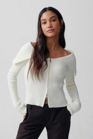 White Women Gina Tricot Knitted Zip Collar Cardigan | 63GOVHIYF