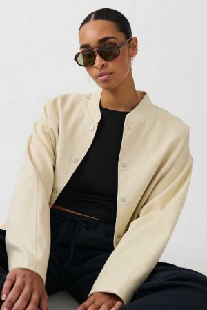 White Women Gina Tricot Linen Blend Bomber Jacket | 79CIZBNKW