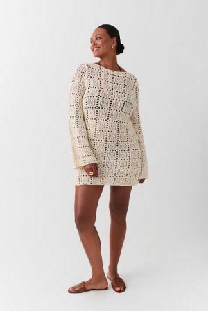 White Women Gina Tricot Open Work Knitted Dress | 27TOWQBFX