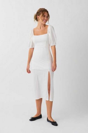 White Women Gina Tricot Puff Sleeve Midi Dress | 13SLXHVBN