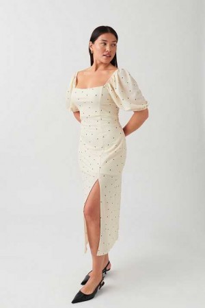 White Women Gina Tricot Puff Sleeve Midi Dress | 50WHVXEIG