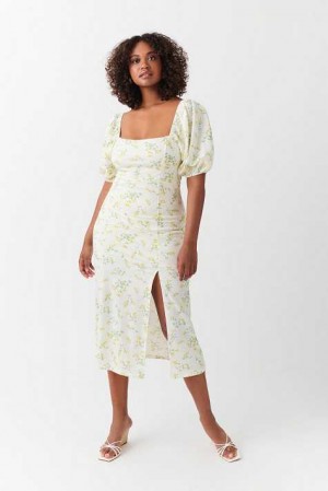 White Women Gina Tricot Puff Sleeve Midi Dress | 07TYPAQGF