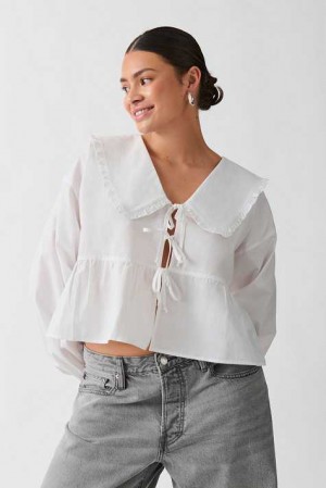 White Women Gina Tricot Tie Collar Blouse | 62SIJXORE